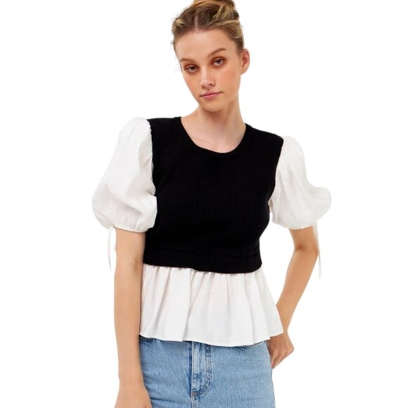 English Factory Mixed Media Puff Sleeve Knit Peplum Top – Size L - Picture 1 of 4